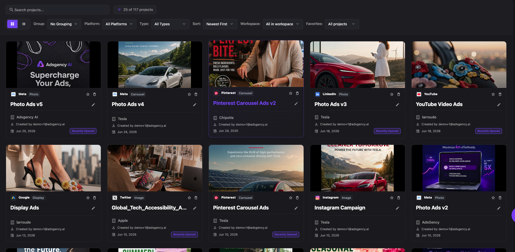 AdsGency projects campaign library screen